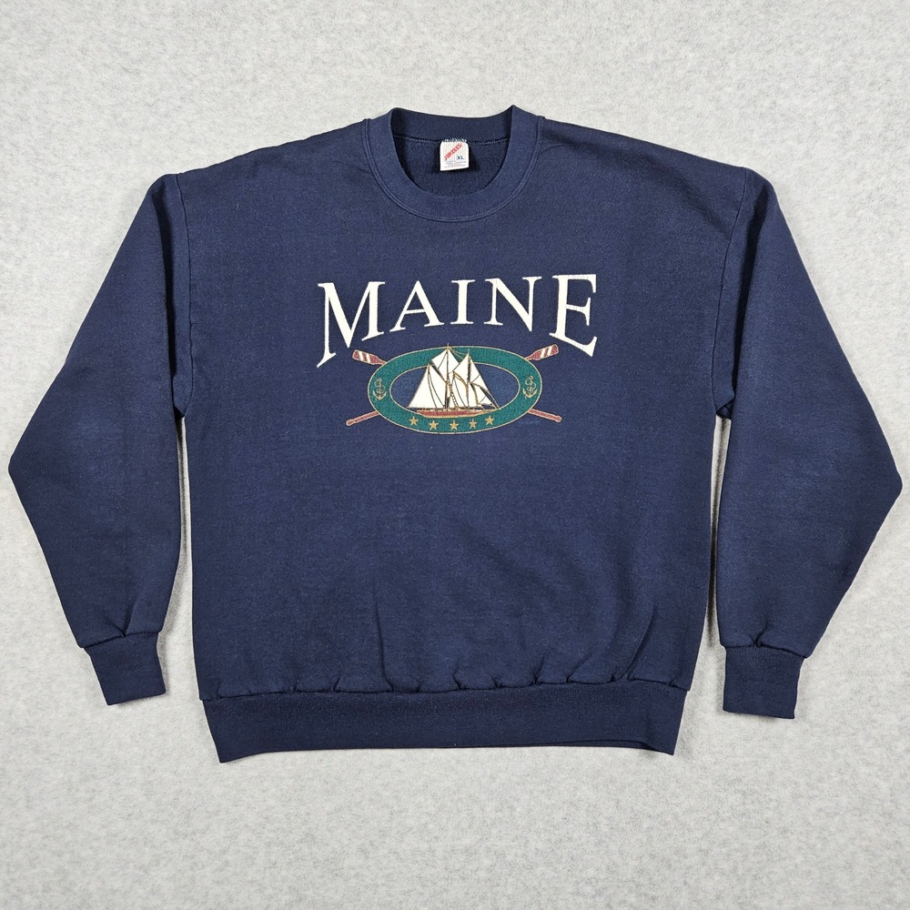 Vintage Jerzees Men's XL Navy Blue Sweatshirt Maine Crewneck Sailboat USA Made